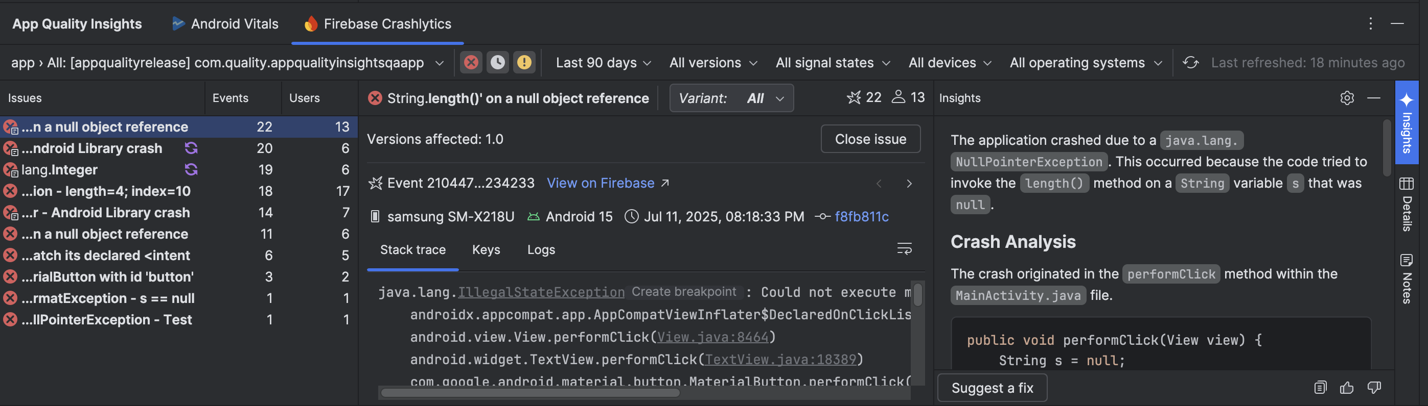 Insight dari Gemini di jendela alat App Quality Insights
