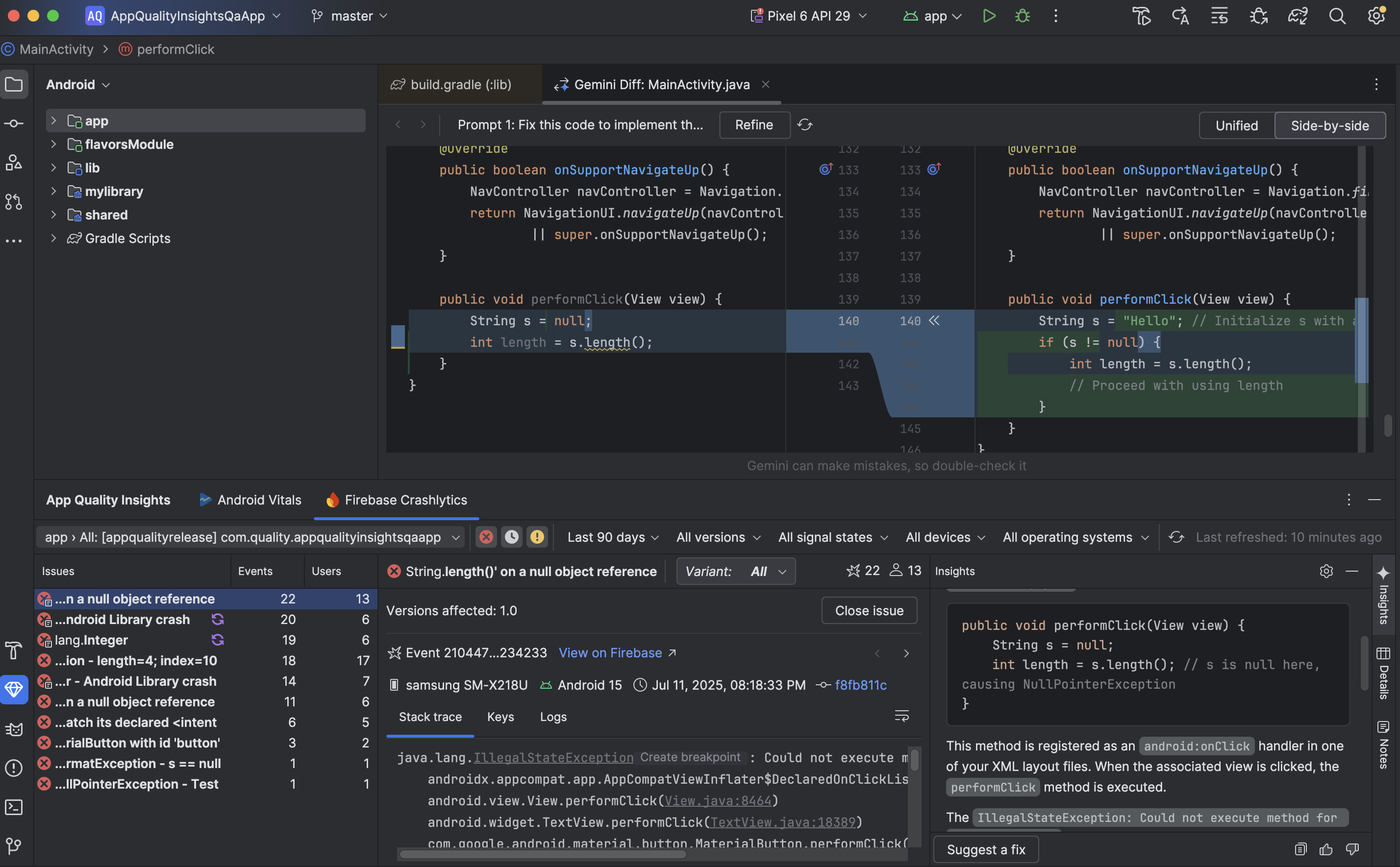 Sugerencia de corrección de Gemini en la ventana de herramientas App Quality Insights