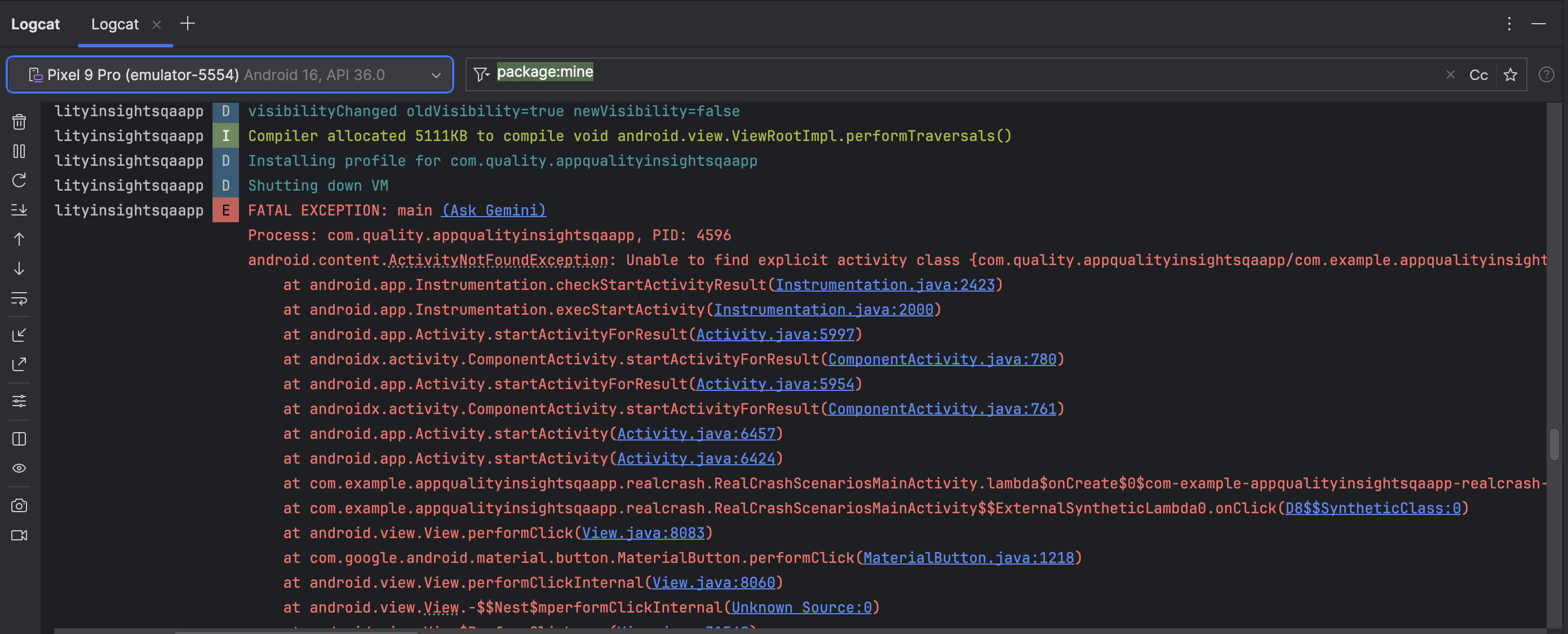 خيار "اسأل Gemini" في بداية تتبُّع تسلسل استدعاء الدوال البرمجية في Logcat