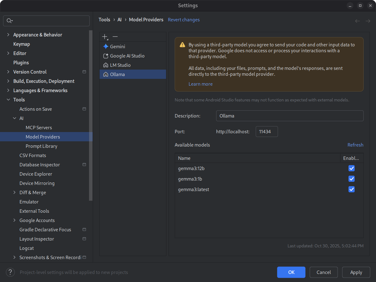 Boîte de dialogue des paramètres d'Android Studio affichant la liste des modèles locaux disponibles.