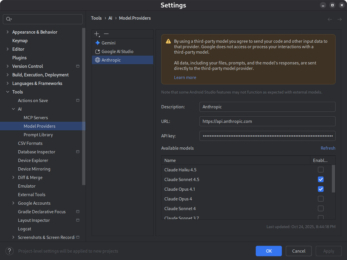 Settings dialog showing remote provide information, including
         a list of available models.