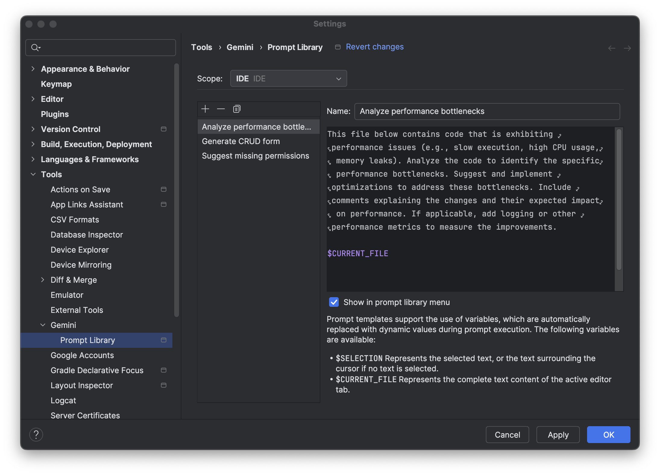 A biblioteca de comandos no Android Studio, mostrando uma lista de comandos salvos.