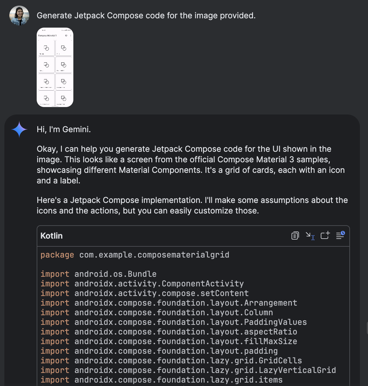 رابط چت Gemini که کد Jetpack Compose تولید شده بر اساس یک تصویر را نشان میدهد.