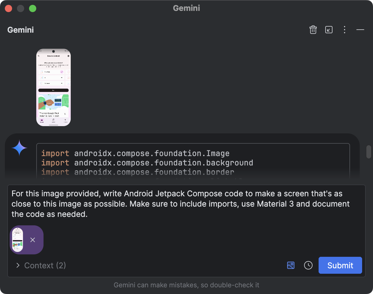 กล่องโต้ตอบ Gemini พร้อมไฟล์แนบรูปภาพ