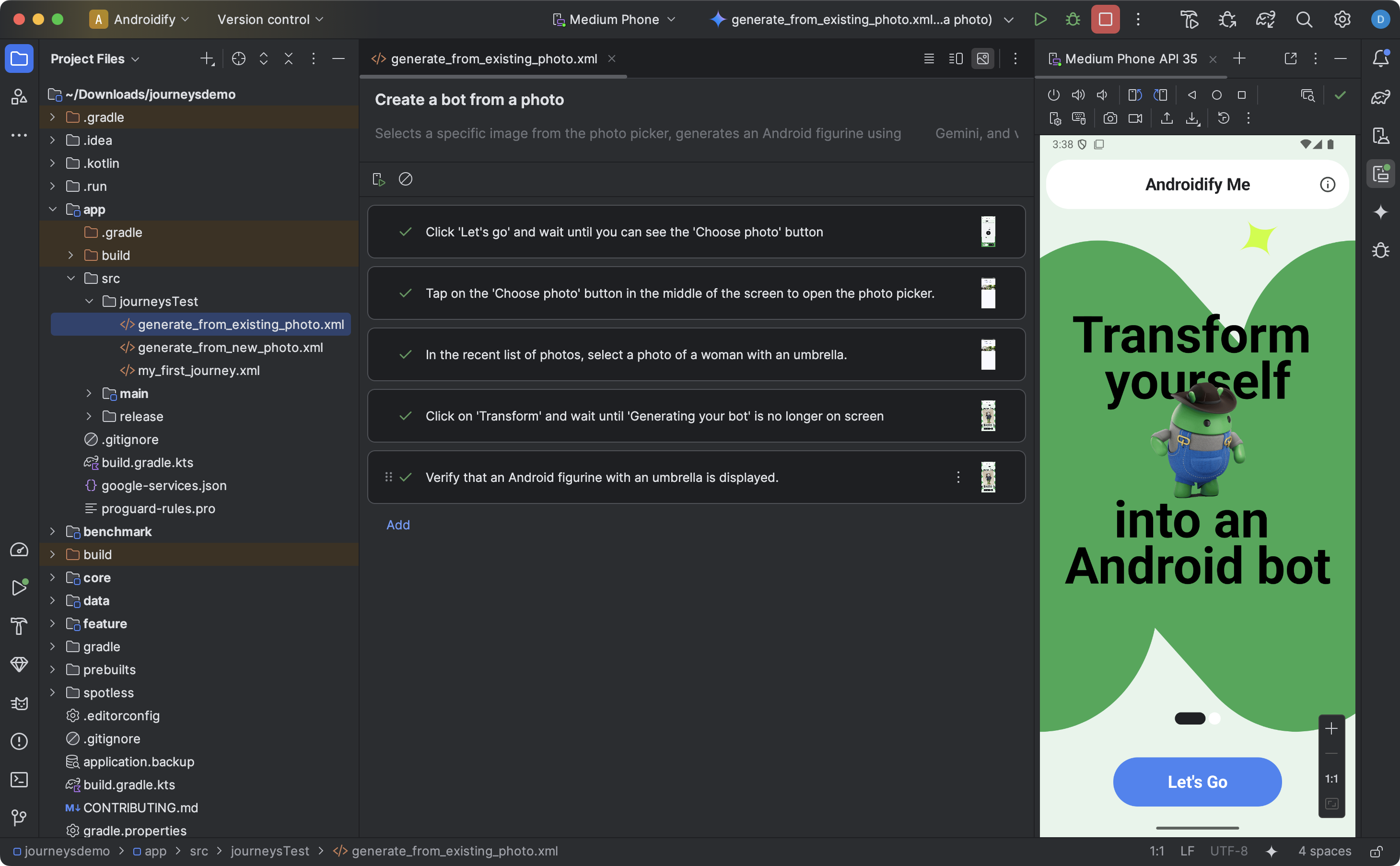 Android Studio&#39;daki yolculuk düzenleyicide yolculuk adımlarını içeren bir XML dosyası gösteriliyor.
