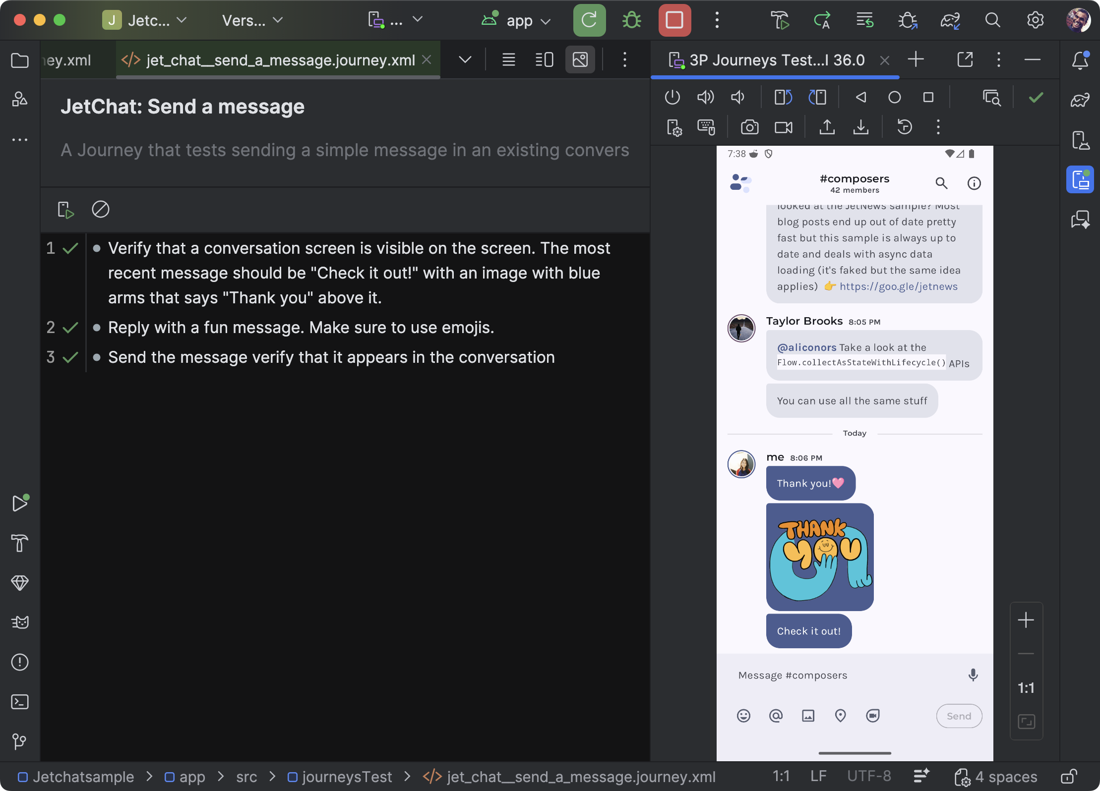O editor de jornada no Android Studio, mostrando um arquivo XML com
        etapas da jornada.