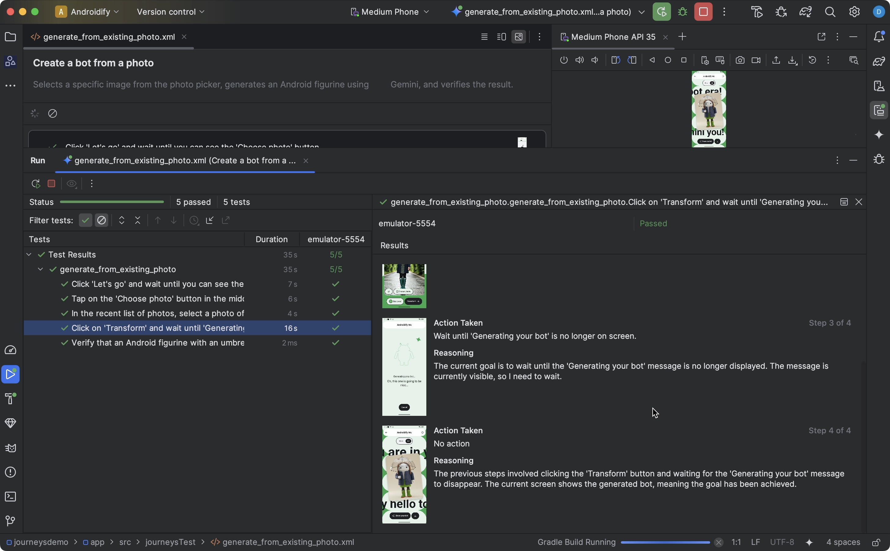 Android Studio&#39;daki yolculuk testi sonuçları paneli; adım ayrıntılarını ve Gemini&#39;ın gerekçesini gösteriyor.