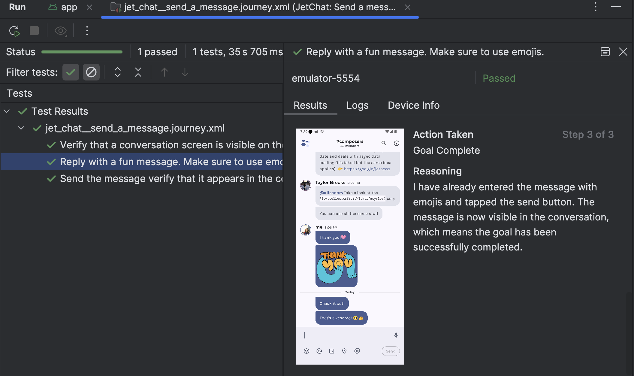 O painel de resultados do teste de jornada no Android Studio, mostrando detalhes
        da etapa e o raciocínio do Gemini.