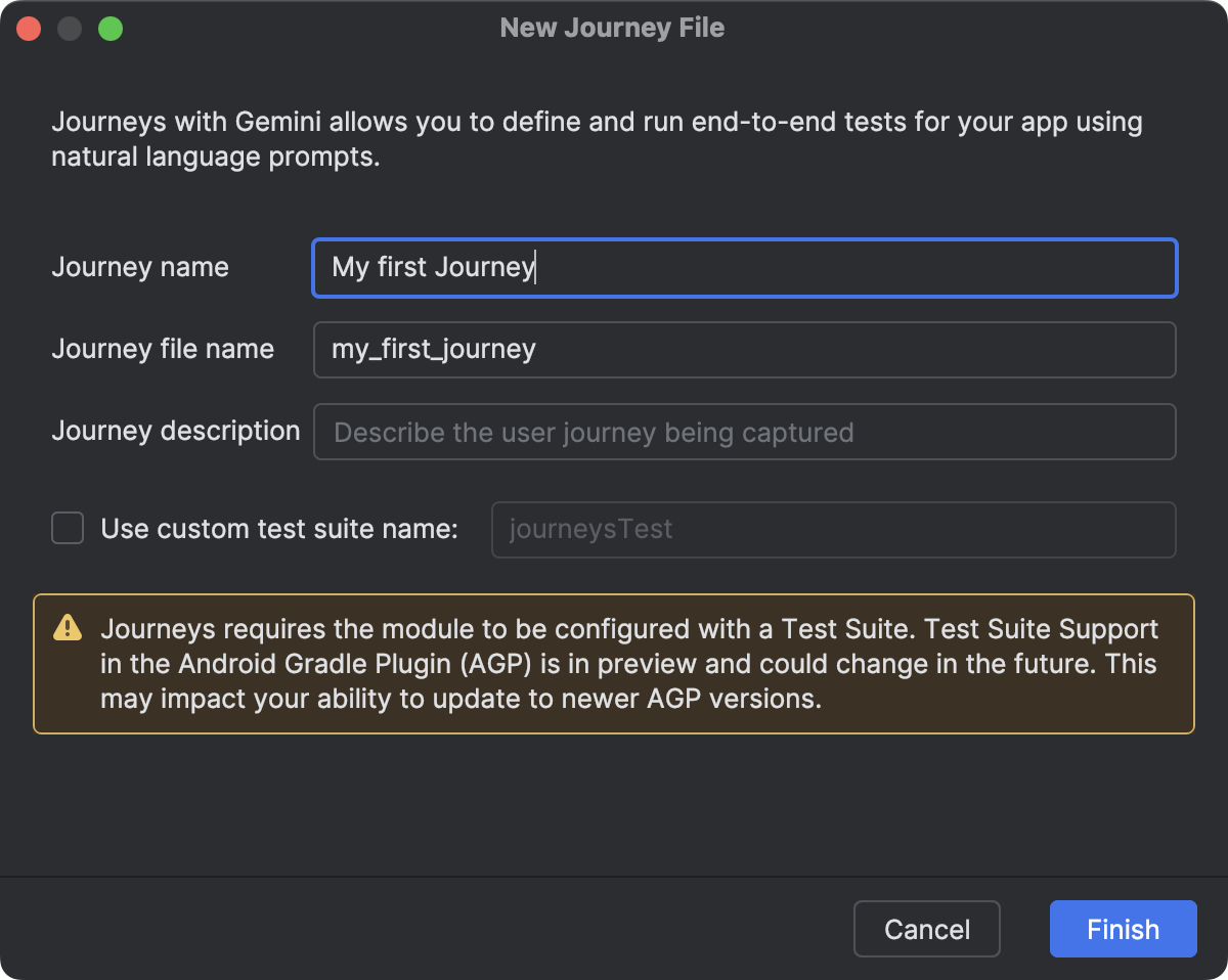 Android Studio'da yolculuk dosyası oluşturmak için kullandığınız iletişim kutusu.