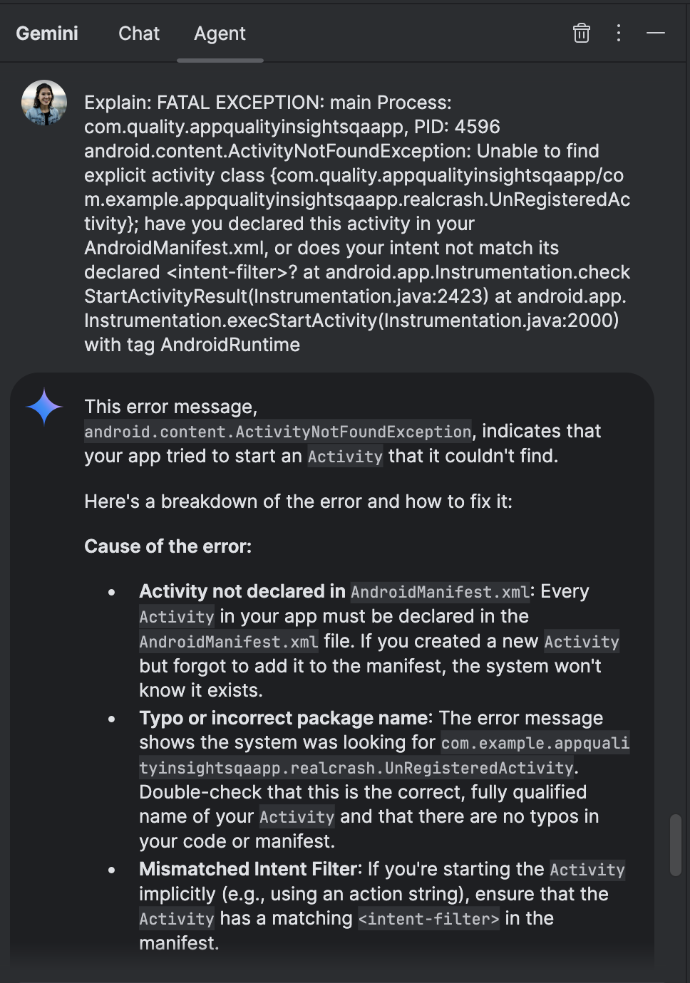 Gemini menjelaskan error Logcat
