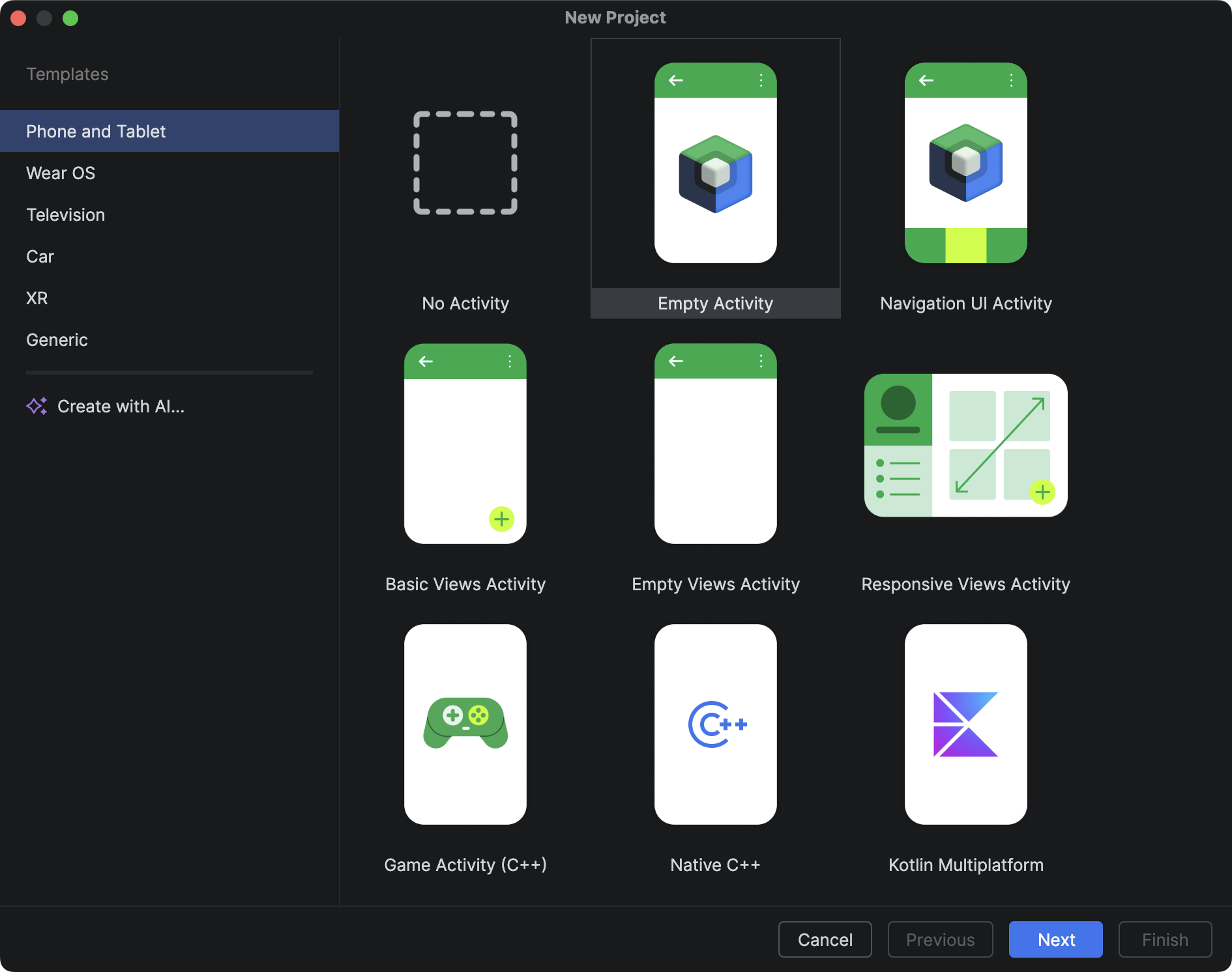 El diálogo de proyecto nuevo, que tiene tarjetas para varios tipos de plantillas de apps, como Empty Activity, Navigation UI Activity, etcétera. El diálogo también tiene el control "Crear con IA", que activa Gemini en Android Studio para configurar un proyecto nuevo por ti.