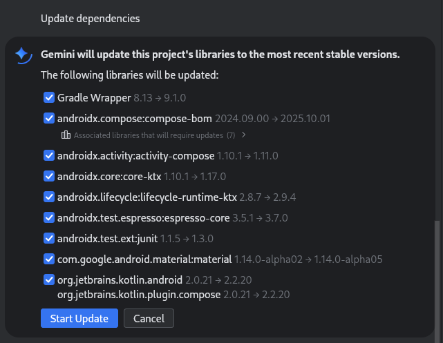 Check-list des bibliothèques que Gemini dans Android Studio a proposé de mettre à jour. Vous pouvez décocher des éléments pour les supprimer de la mise à jour.