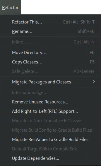 תפריט Refactor (ארגון מחדש), שמוצגת בו האפשרות Update Dependencies (עדכון יחסי תלות).