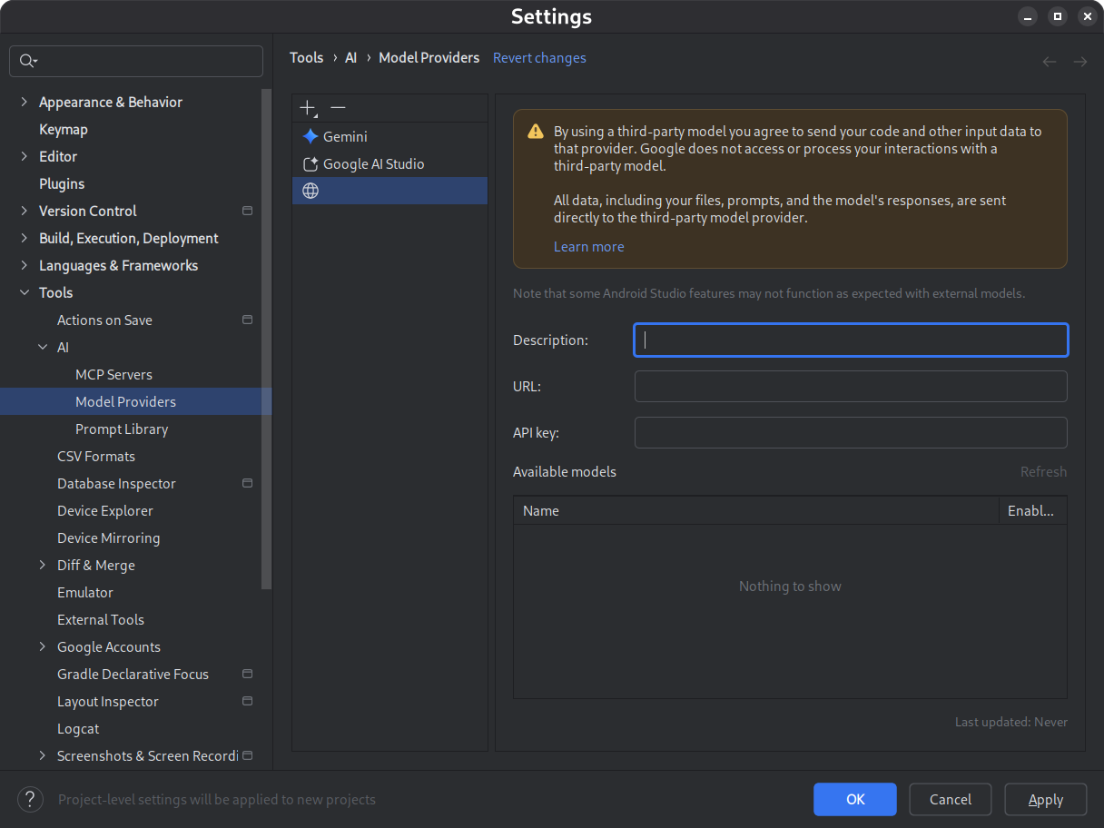 Settings dialog containing a form for entry of remote model provider information.