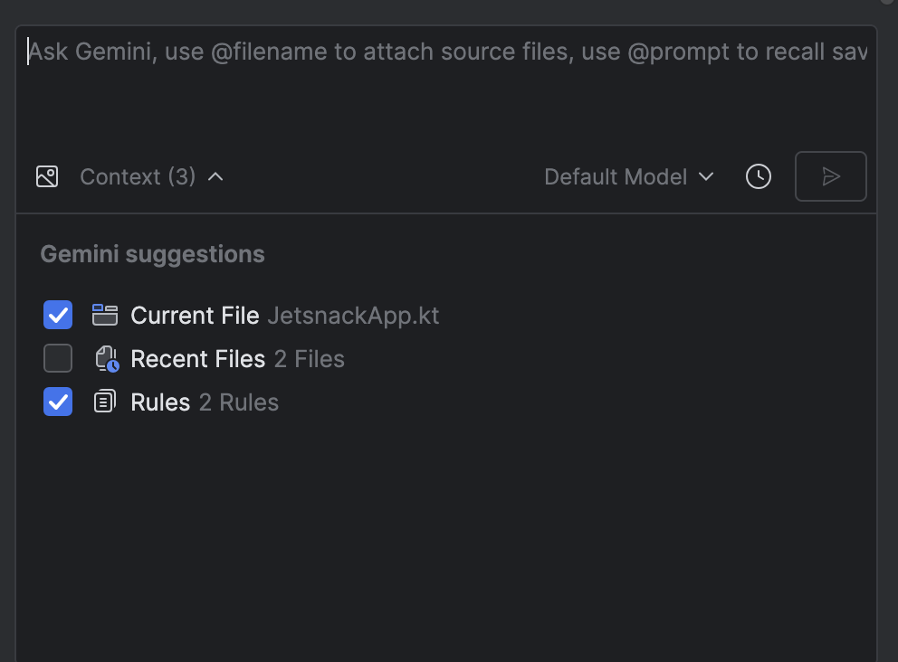 پنجره‌ی بازشو Context در پنجره‌ی چت Gemini، گزینه‌ی Rules را فعال نشان می‌دهد.