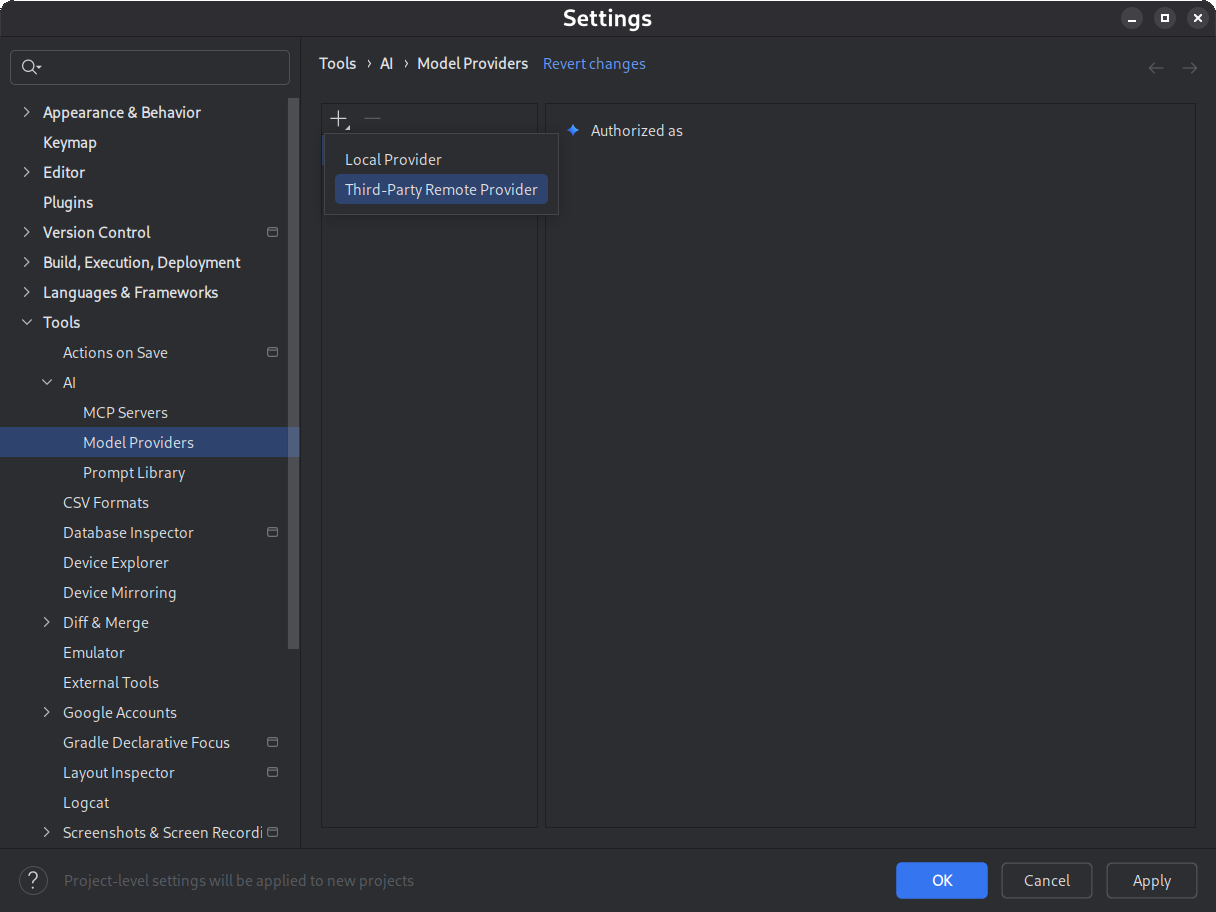 Диалоговое окно настроек с доступными параметрами «Локальный поставщик» и «Сторонний поставщик». Доступны параметры «Удаленный поставщик».