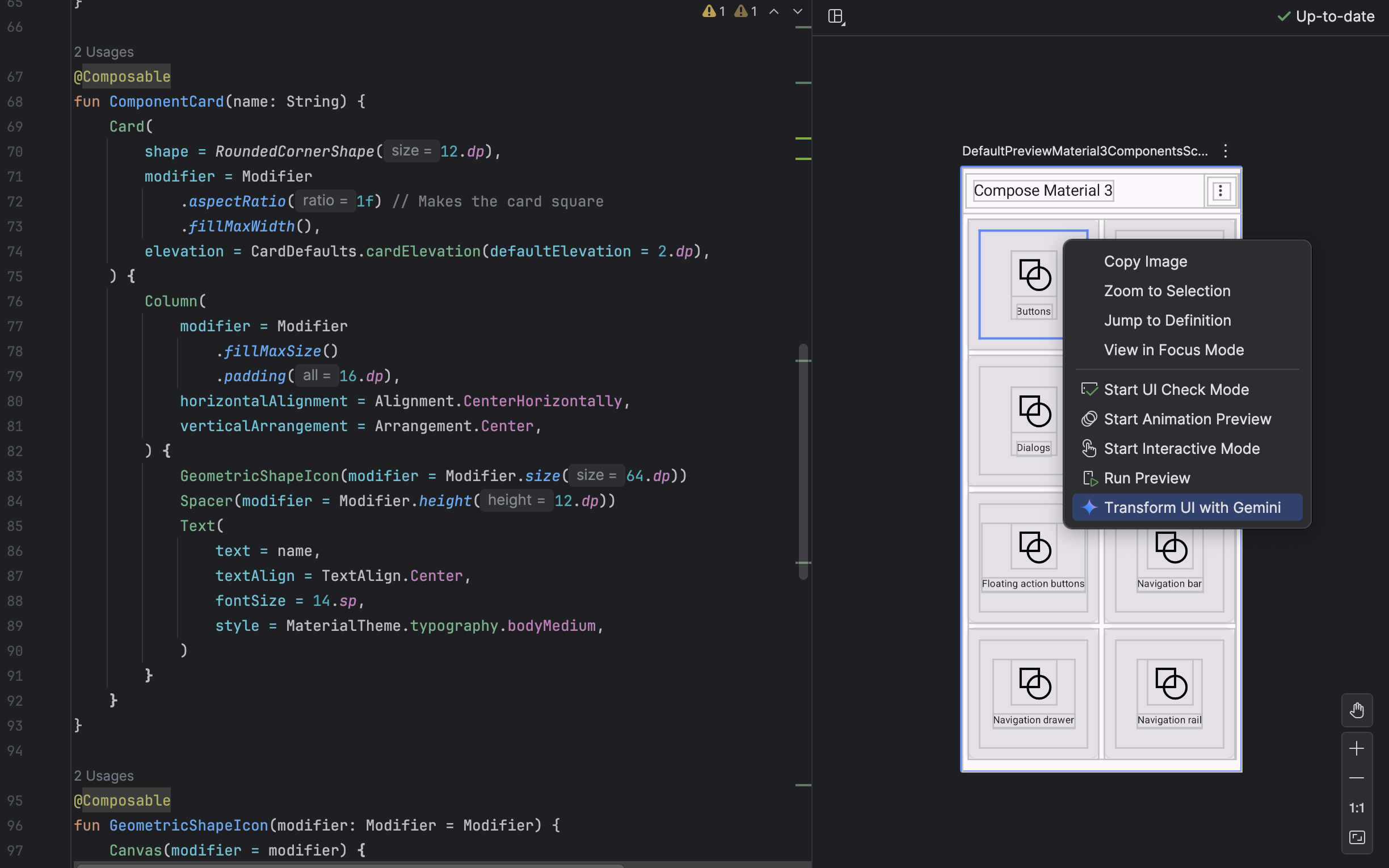 Android Studio muestra una vista previa de Compose con un elemento de la IU seleccionado y el chat de Gemini.