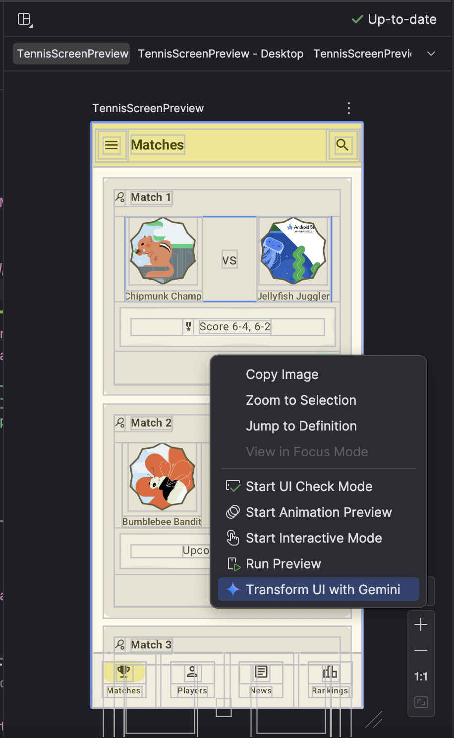 «تغییر رابط کاربری با Gemini» در منوی زمینه
