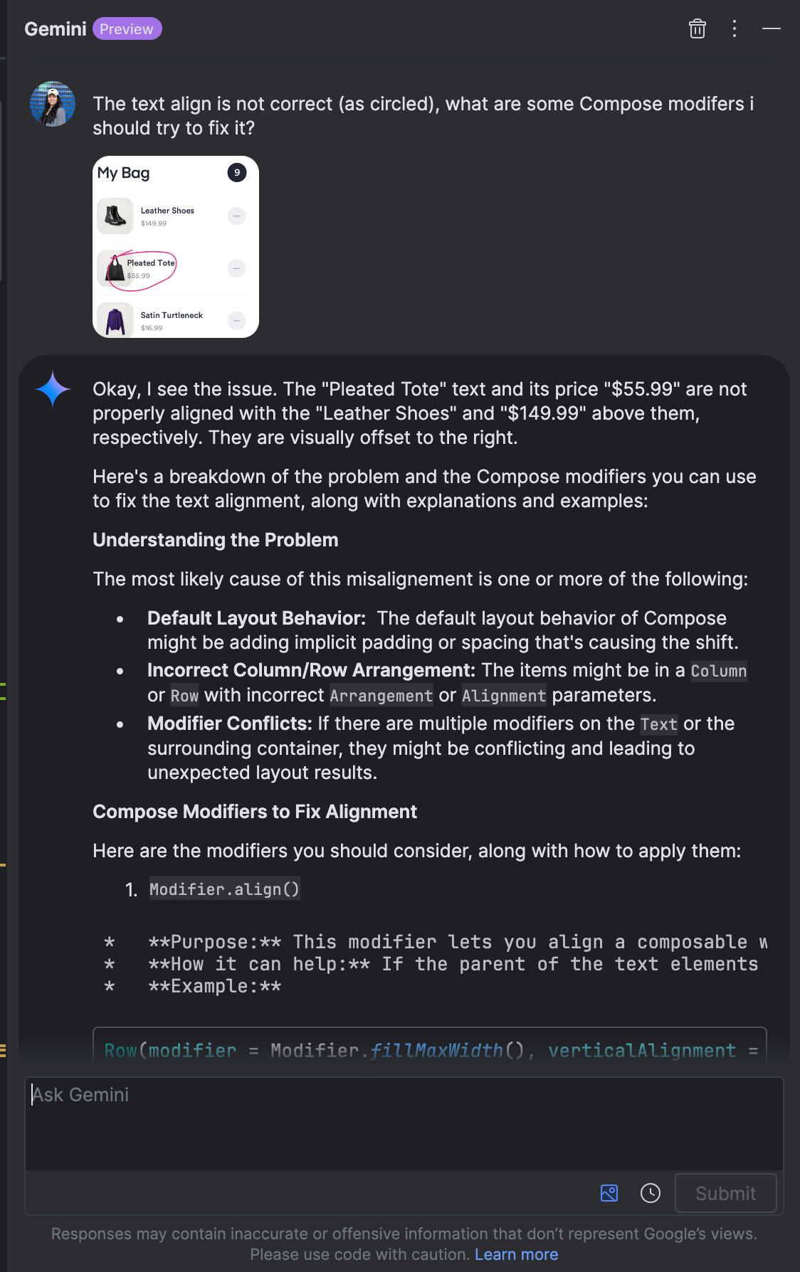 Captura de pantalla de una app para dispositivos móviles que muestra un error de IU en el que un elemento de texto se superpone o está desalineado, destacado con un círculo rojo.