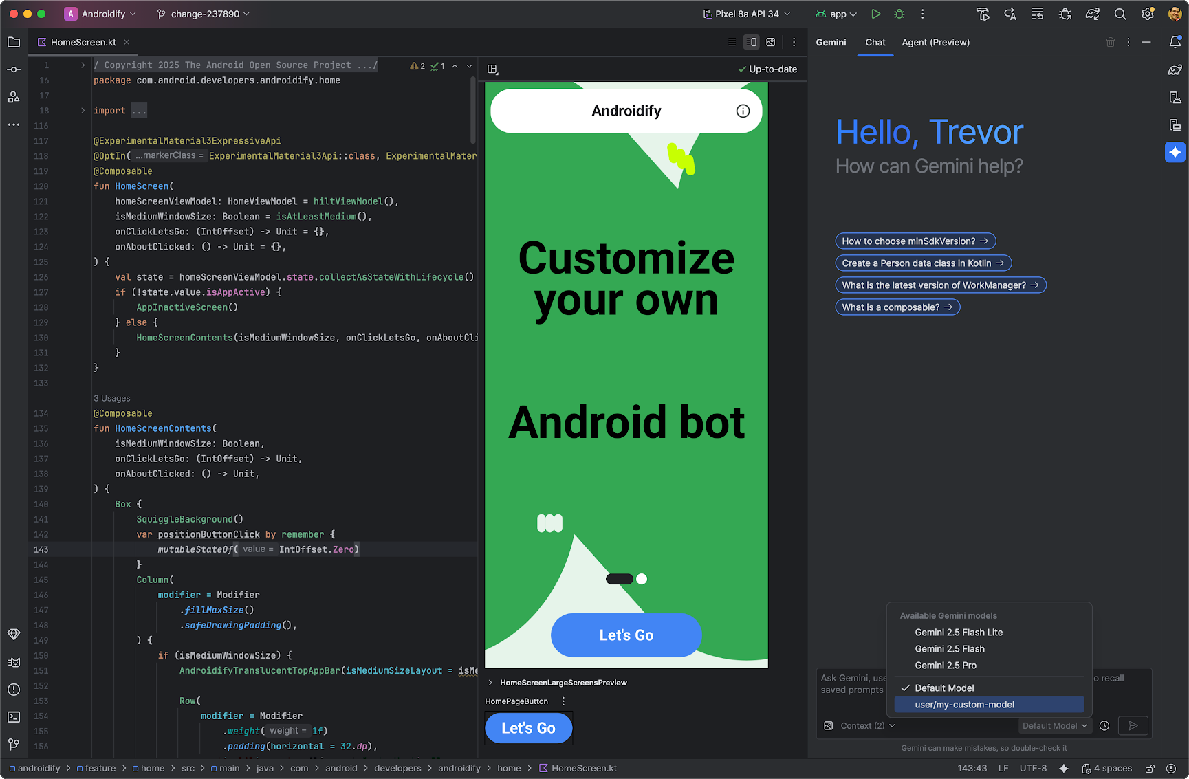 Jendela chat Gemini Android Studio yang menampilkan pemilih model dengan opsi untuk Gemini dan LLM lokal.
