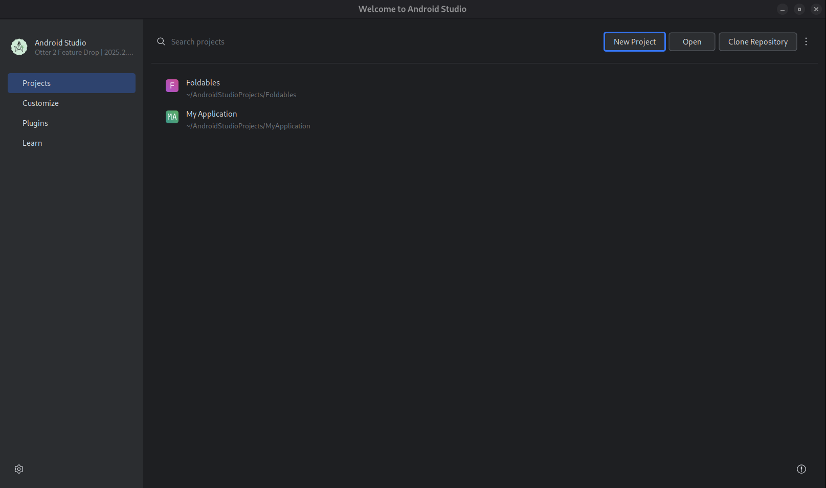 Ekran Witamy w Android Studio z przyciskami Nowy projekt, Otwórz i Sklonuj repozytorium.