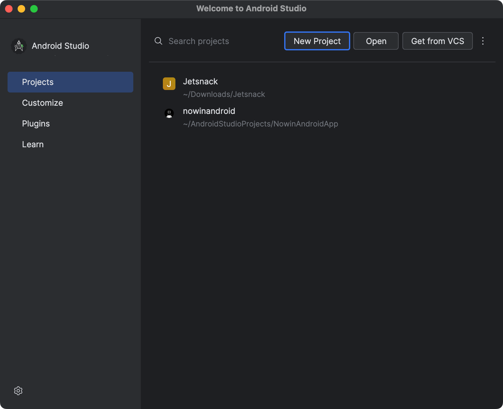 Ekran Witamy w Android Studio z przyciskami Nowy projekt, Otwórz i Sklonuj repozytorium.