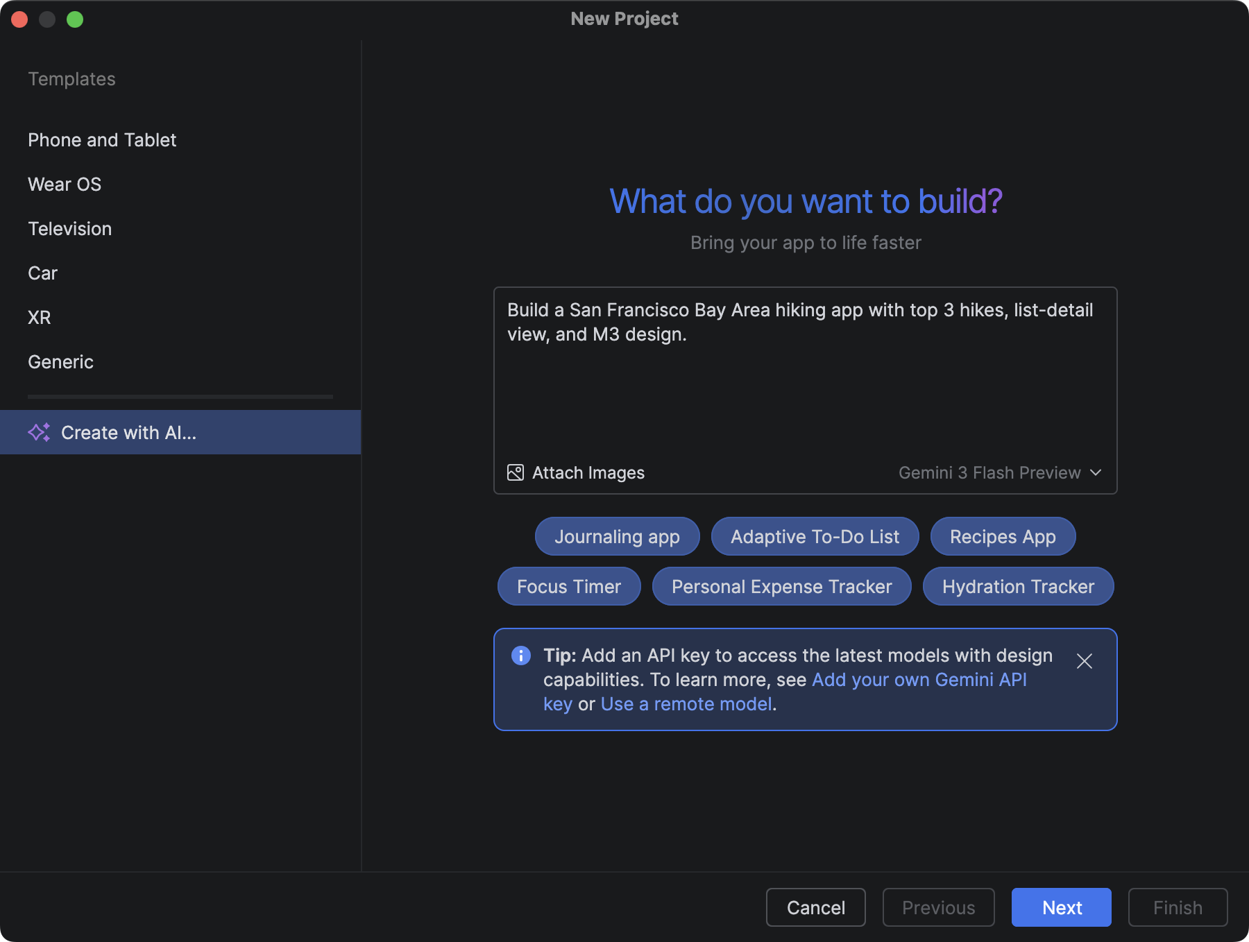 El diálogo de Create with AI que contiene la instrucción:
        Crea una app de senderismo del área de la bahía de San Francisco con los 3 mejores senderos,
        una vista de lista y detalles, y un diseño de M3.