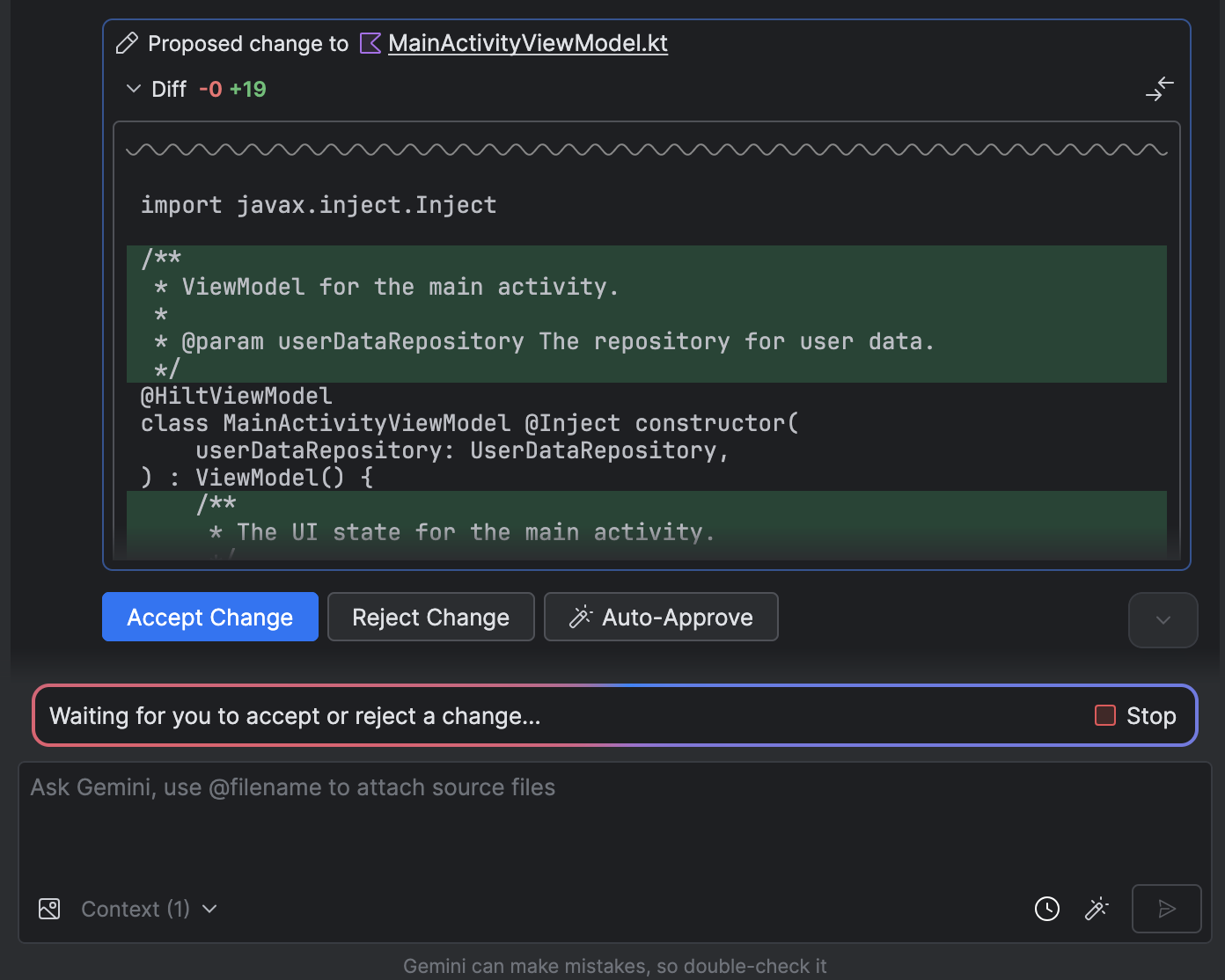 Agent mode waits for you to accept or reject a change.