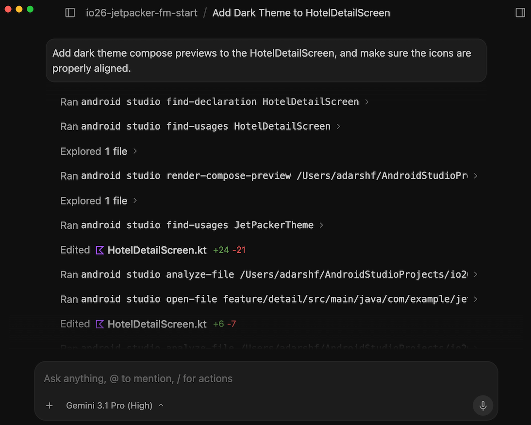 Android CLI を使用して Android Studio IDE とやり取りするエージェントの図。