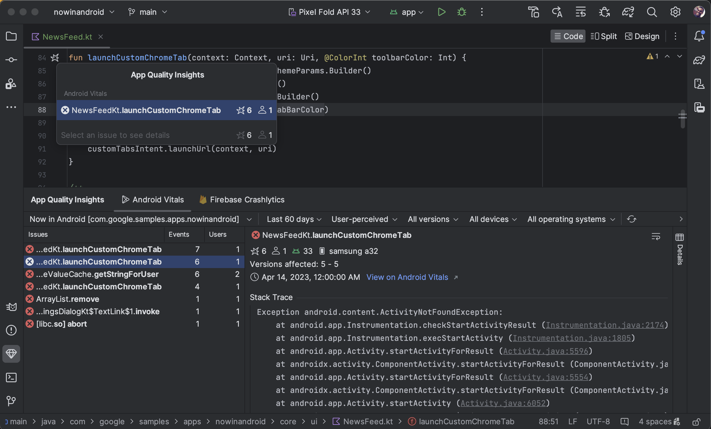 Android Studio&#39;daki Android vitals verileri.