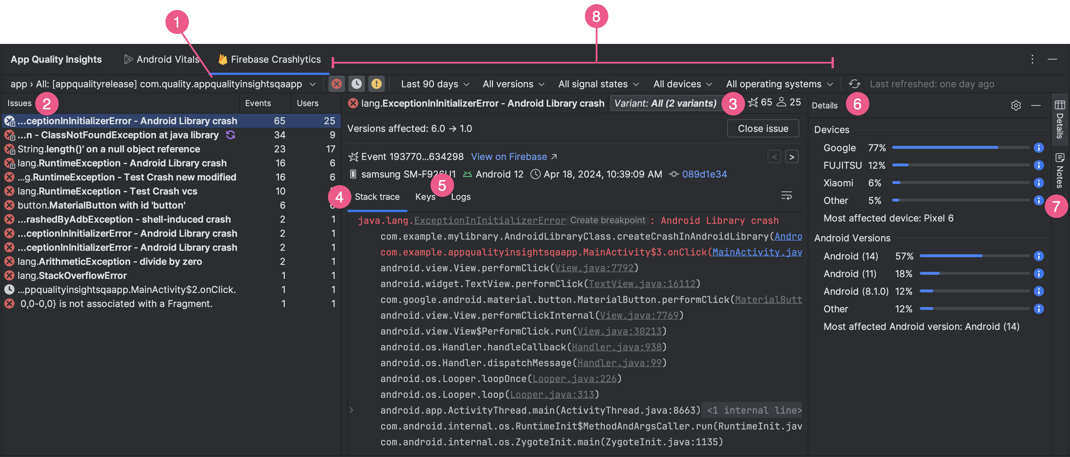 Fenster des Tools „App Quality Insights“