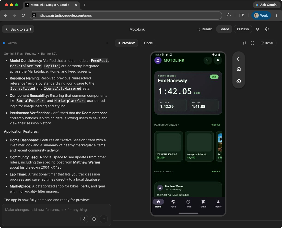 L'interfaccia di Google AI Studio con un emulatore incorporato che mostra un'app generata.