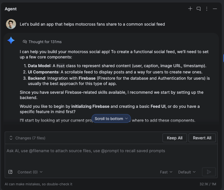 L'agente guida un utente nella configurazione di Firebase Auth e Firestore nell'IDE.