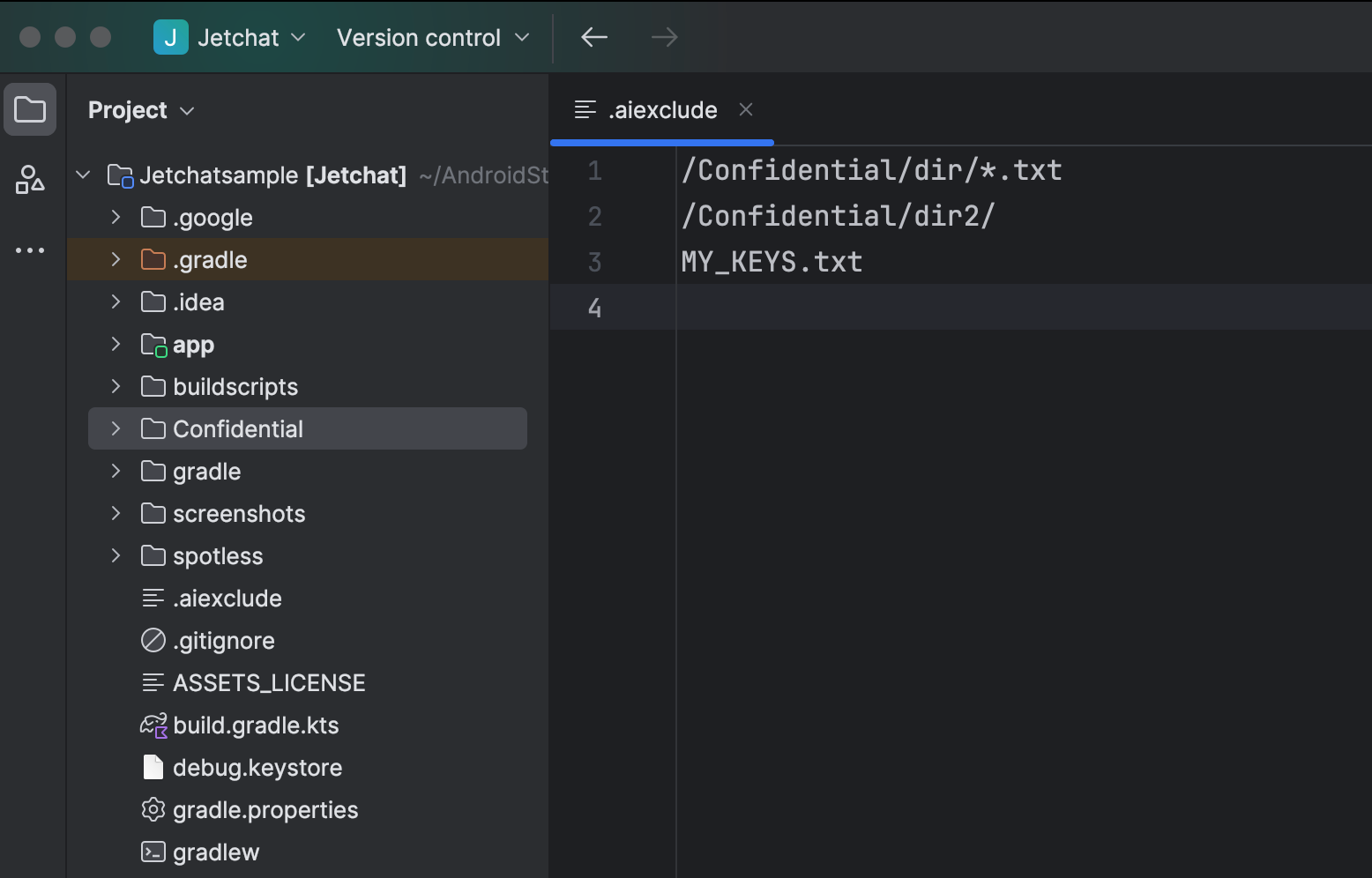 Ejemplo de un archivo `.aiexclude` en Android Studio.