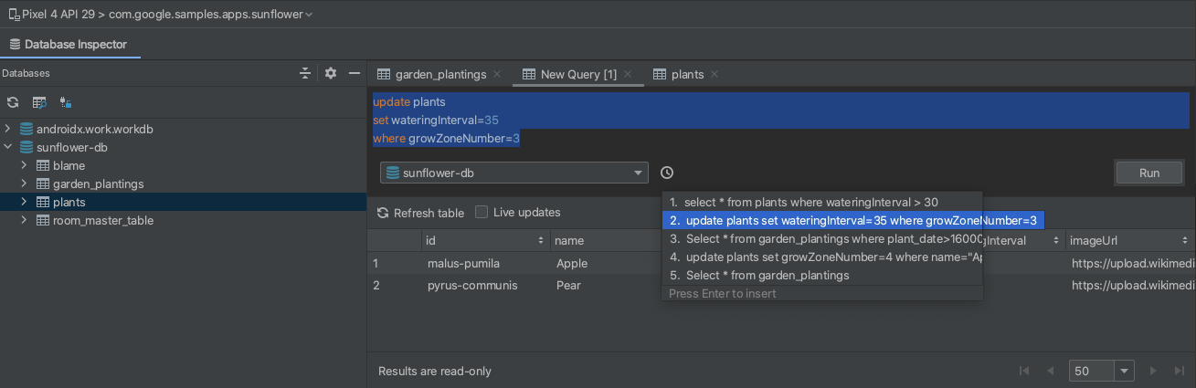 Screenshot yang menampilkan drop-down histori kueri.