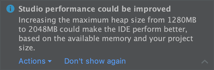 मेमोरी सेटिंग, जिनकी मदद से Android Studio प्रोसेस के लिए ज़्यादा से ज़्यादा रैम कॉन्फ़िगर की जा सकती है.