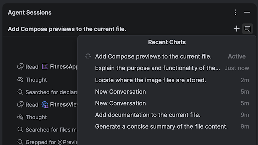 Android Studio'da araç penceresinde birden fazla etkin sohbet ileti dizisi gösteriliyor.