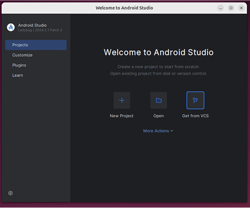 Pantalla de bienvenida a la IU de Android Studio