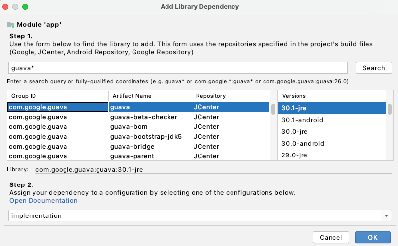 Adicionar uma dependência da biblioteca na caixa de diálogo
&quot;Project Structure&quot;