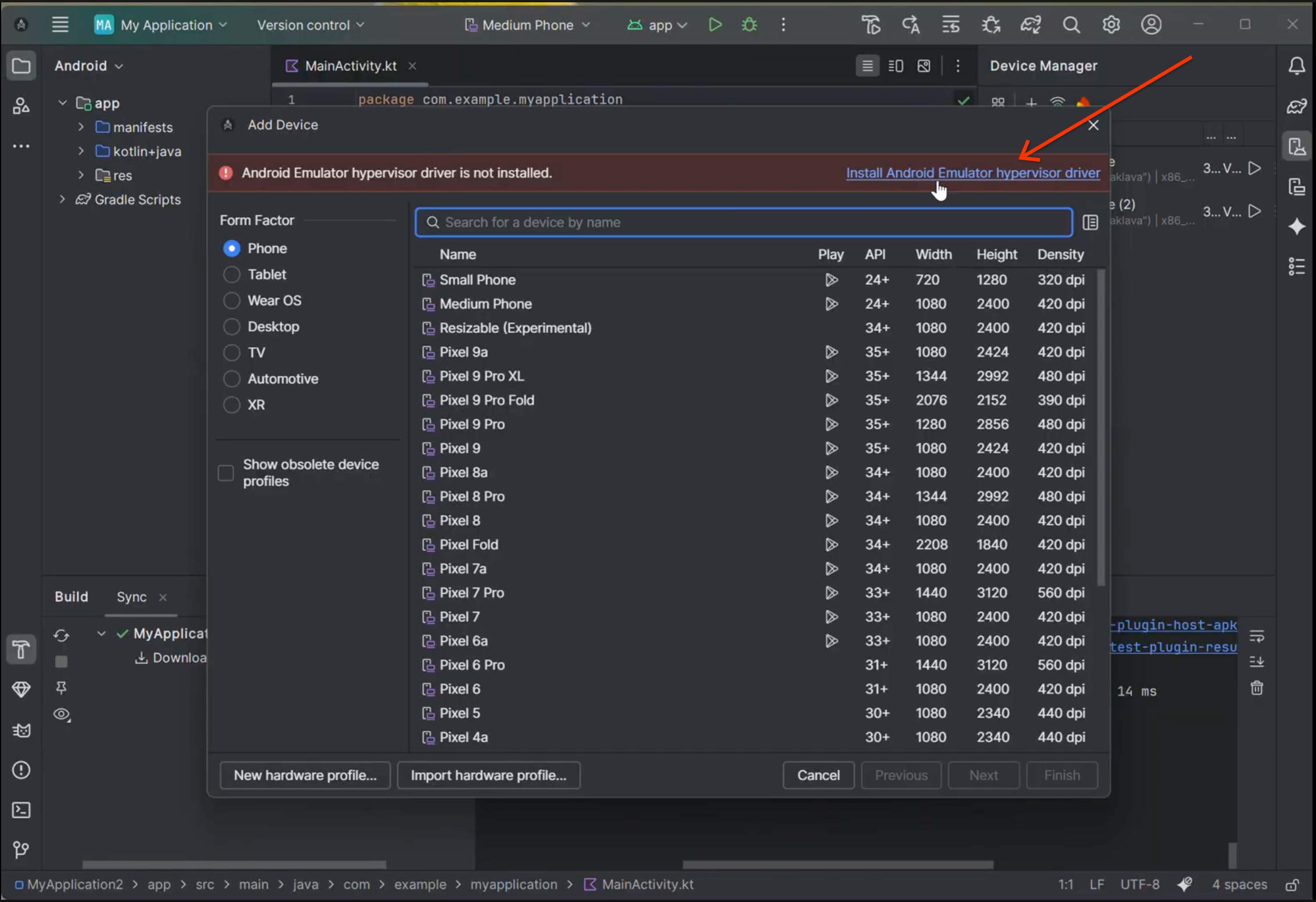 Banner displayed when user tries to create a new AVD with HAXM