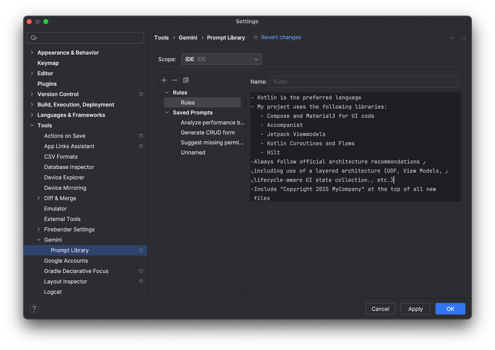 پنجره تنظیمات اندروید استودیو که ویرایشگر قوانین را در Gemini > Prompt Library نشان می‌دهد.