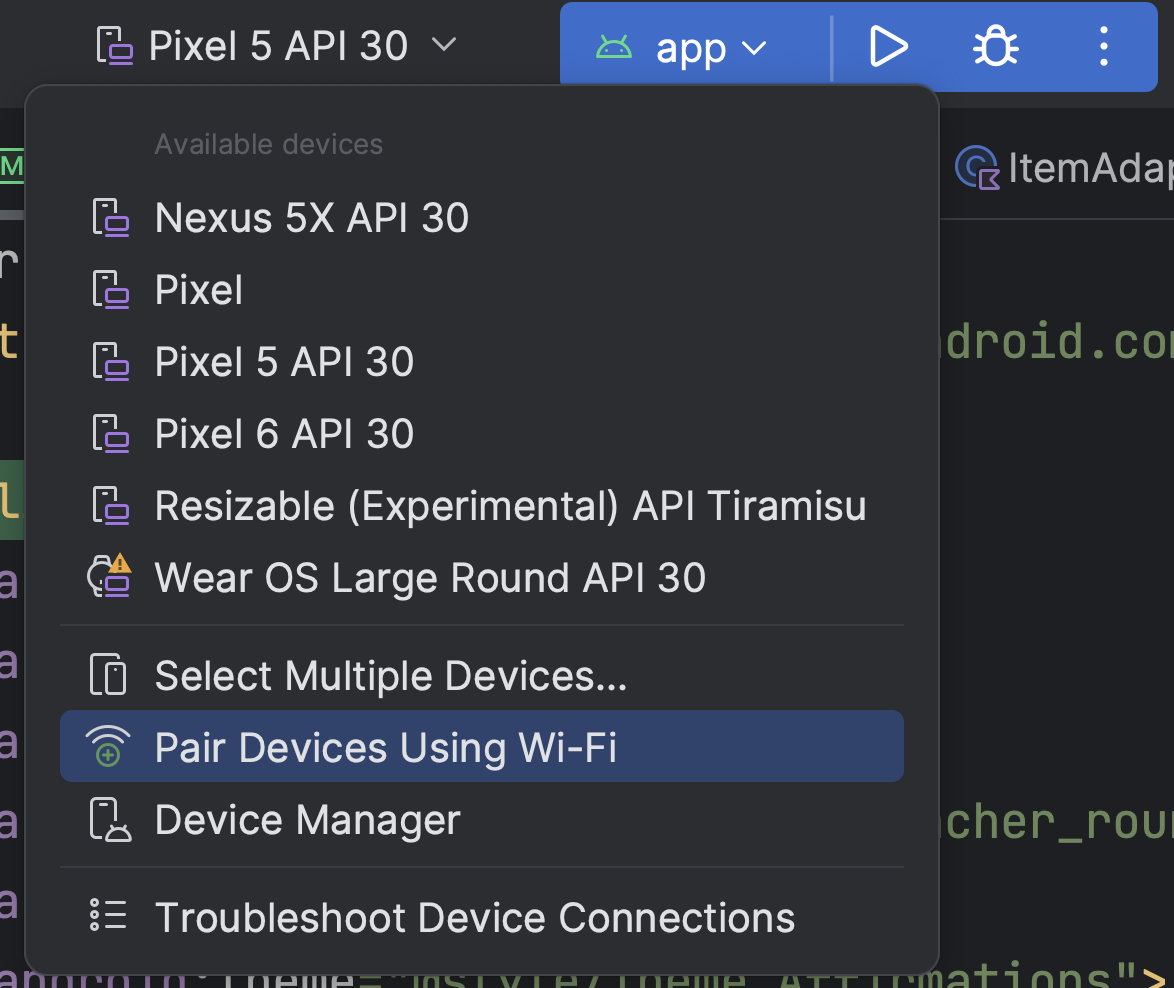 Menú desplegable de configuraciones de ejecución