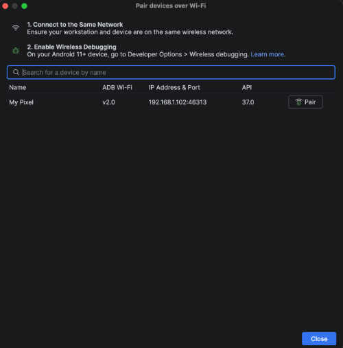 Finestra popup Accoppia dispositivi tramite Wi-Fi