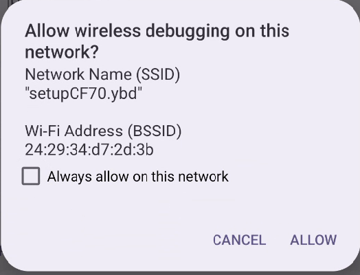 smartphone Pixel che mostra il prompt di debug wireless.
