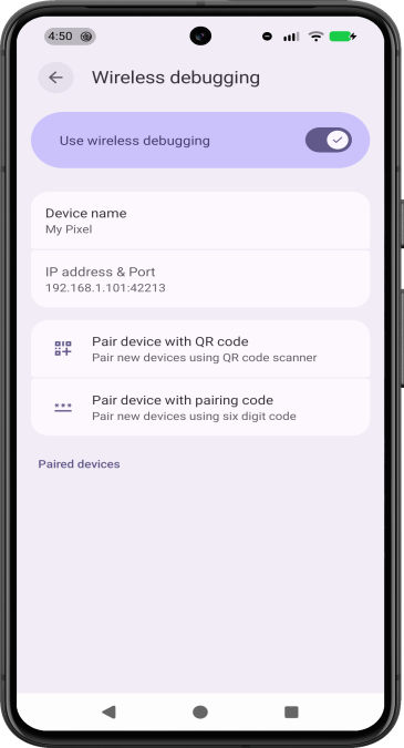 Auf einem Pixel Smartphone wird die Systemeinstellung „Debugging über WLAN“ angezeigt.