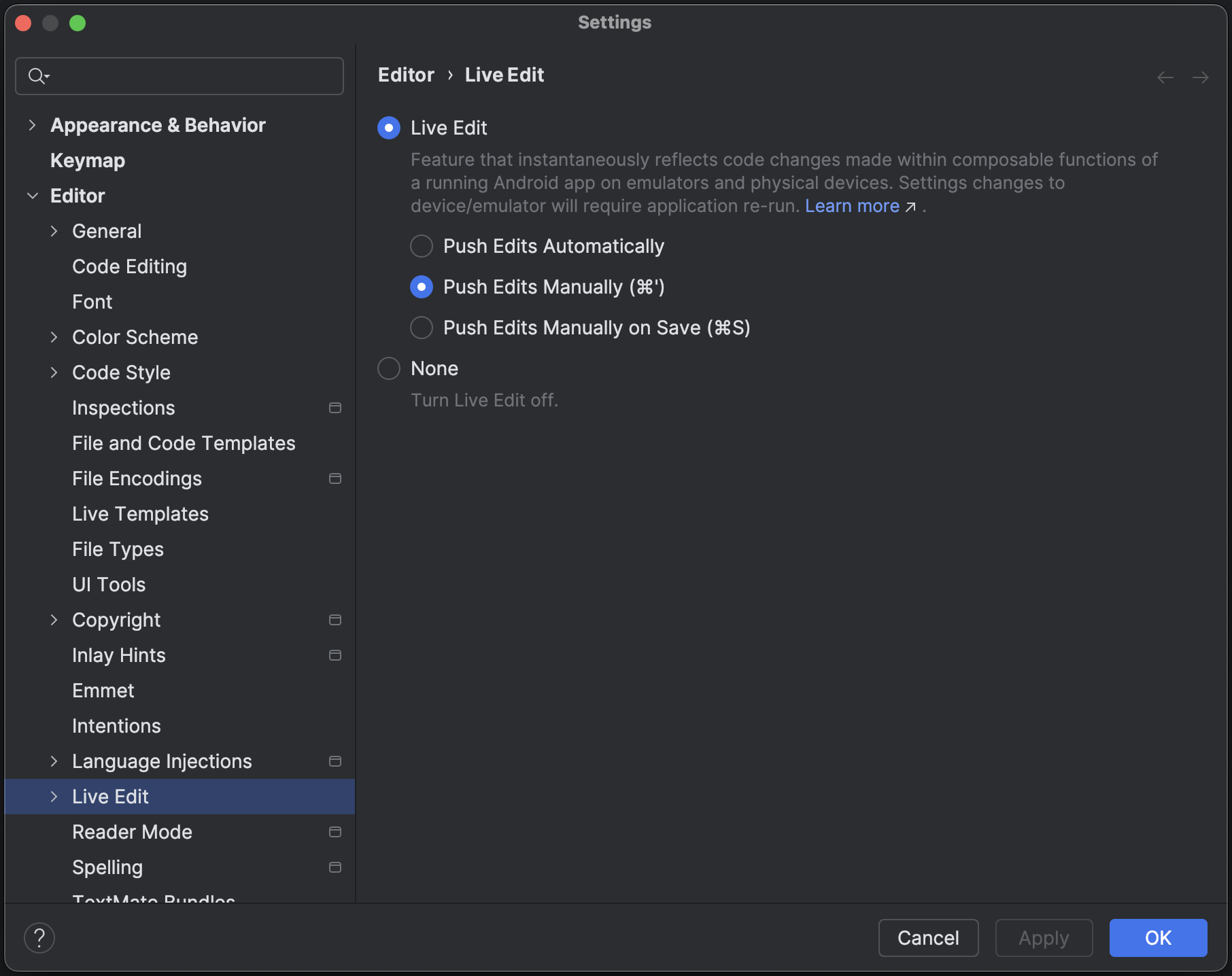 Android Studio 設定のライブ編集チェックボックス UI