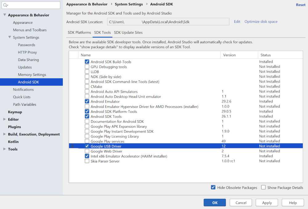 SDK Manager con Google USB Driver selezionato