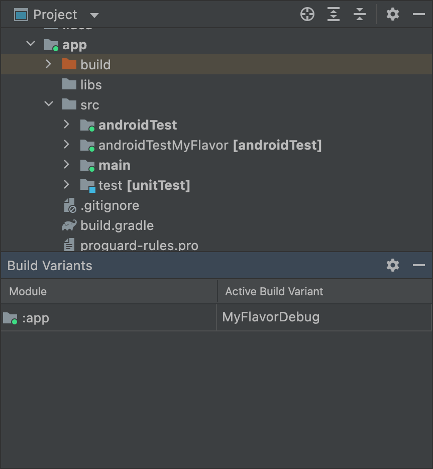 MyFlavor-Variante ausgewählt und der Ordner „androidTestMyFlavor“ ist aktiv
        in der Projektansicht