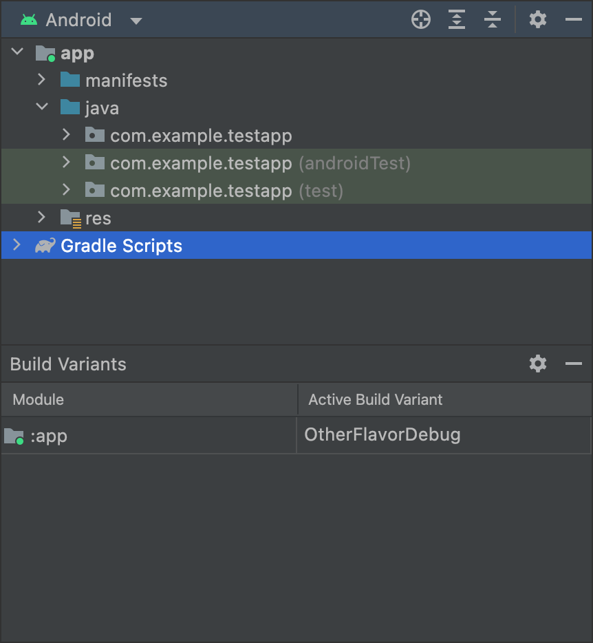 Die Variante „OtherFlavor“ wurde ausgewählt und der Ordner „androidTestMyFlavor“ ist nicht ausgewählt
            Wird in der Android-Ansicht angezeigt