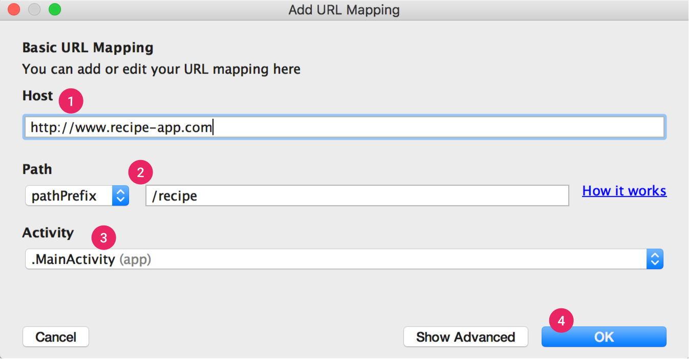 アプリリンク アシスタントでは、基本的な URL マッピングの手順が示されます